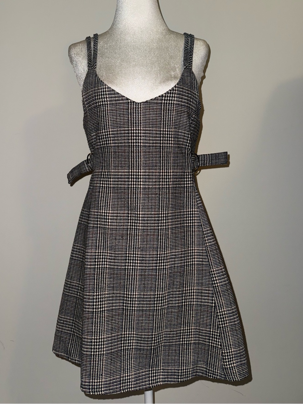 Plaid Mini Dress with Side Tie Straps - Black & White